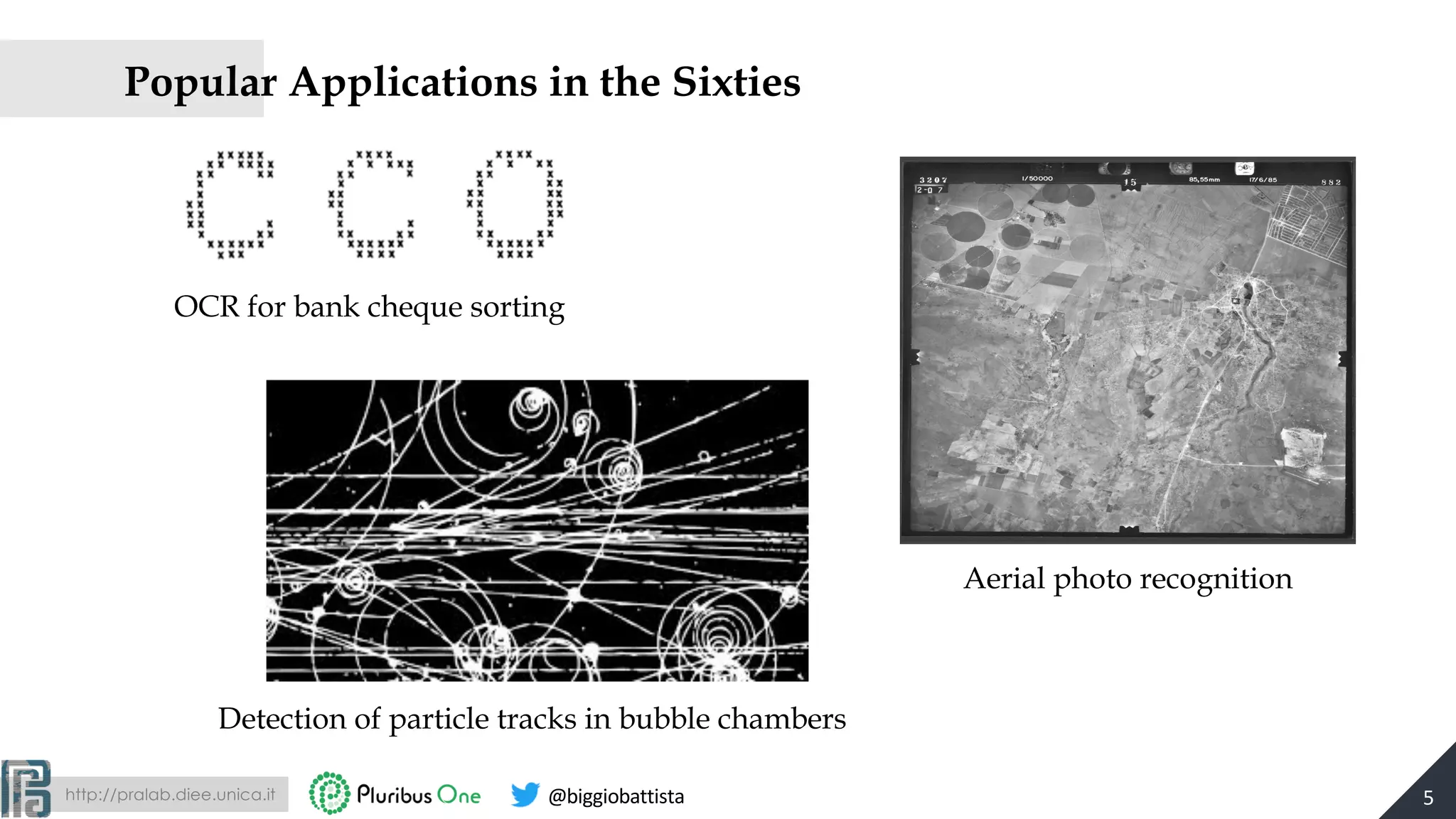 http://pralab.diee.unica.it @biggiobattista
Popular Applications in the Sixties
5
OCR for bank cheque sorting
Aerial photo recognition
Detection of particle tracks in bubble chambers
 
