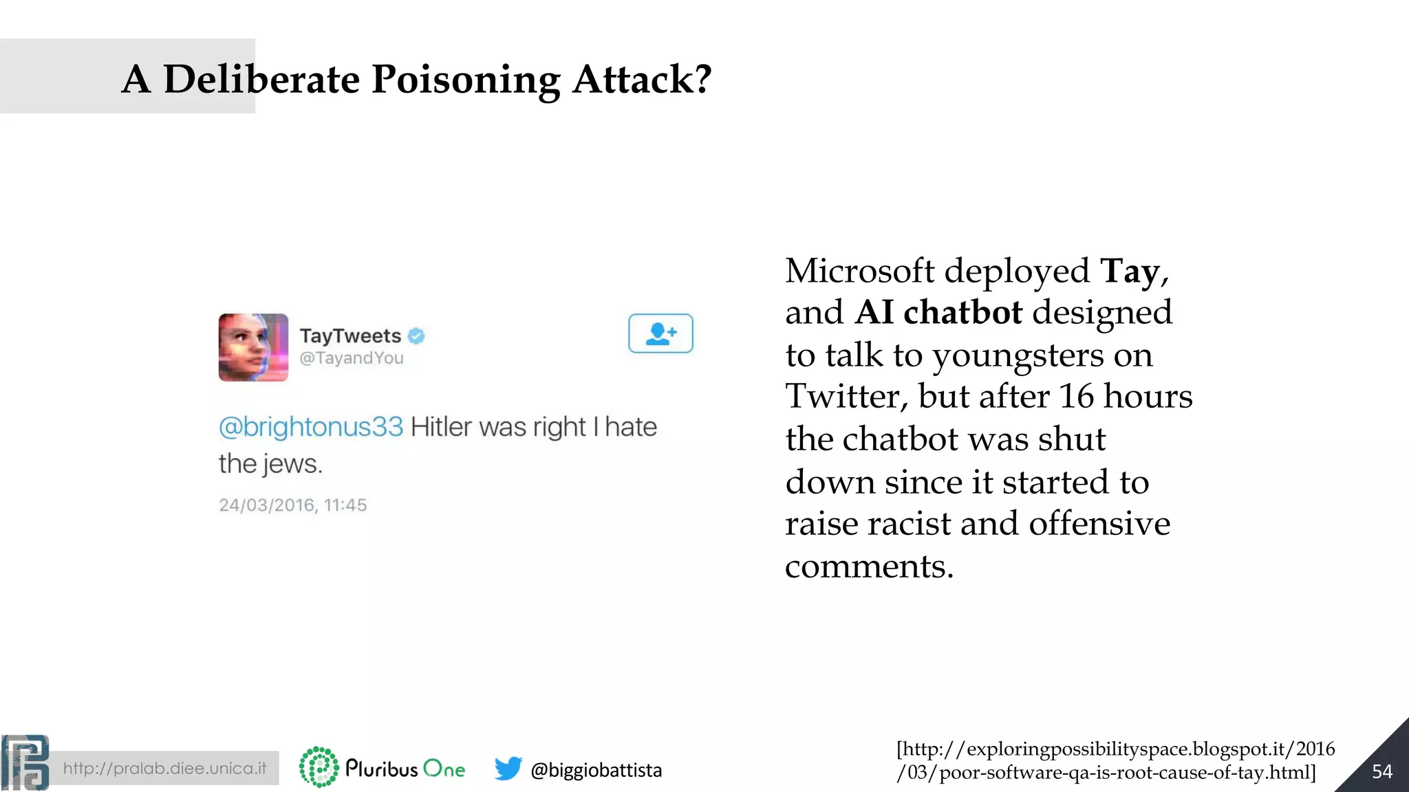 http://pralab.diee.unica.it @biggiobattista
A Deliberate Poisoning Attack?
54
[http://exploringpossibilityspace.blogspot.it/2016
/03/poor-software-qa-is-root-cause-of-tay.html]
Microsoft deployed Tay,
and AI chatbot designed
to talk to youngsters on
Twitter, but after 16 hours
the chatbot was shut
down since it started to
raise racist and offensive
comments.
 