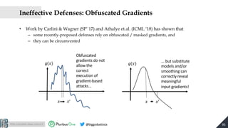 http://pralab.diee.unica.it @biggiobattista
Ineffective Defenses: Obfuscated Gradients
• Work by Carlini & Wagner (SP’ 17)...