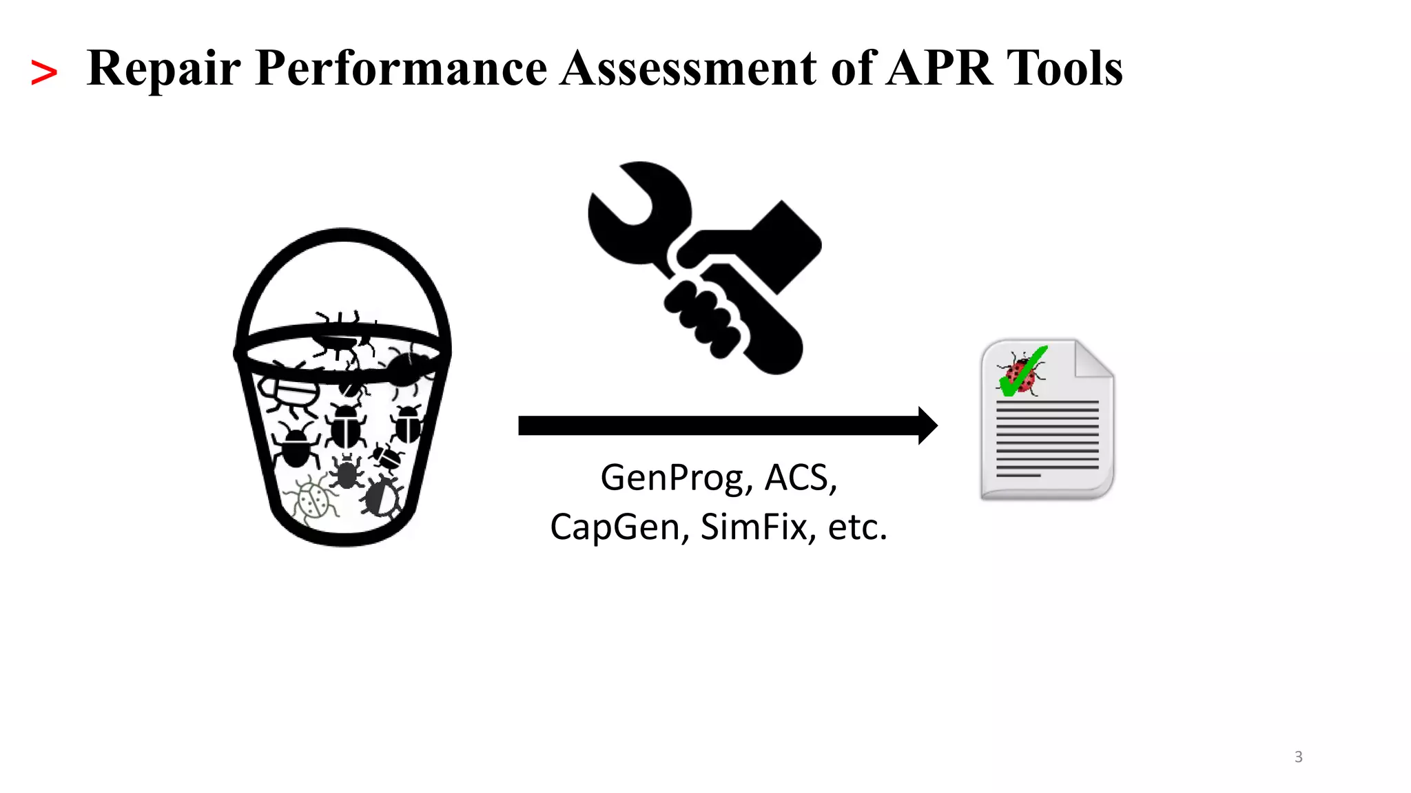 3
> Repair Performance Assessment of APR Tools
GenProg, ACS,
CapGen, SimFix, etc.
 