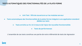11
TESTS AUTOMATIQUES DES FONCTIONNALITÉS DE LA PLATE-FORME
● Unit Test : 95% de couverture sur les modules serveur
● Test...