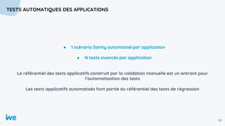 13
TESTS AUTOMATIQUES DES APPLICATIONS
● 1 scénario Sanity automatisé par application
● N tests avancés par application
Le...