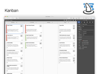 Kanban
Create Timeline
The Timeline is a calendar of project
events and deadlines. It can be a
simple chronological listing of meet…
pm
2.6
Create Task List
The Task List is a chart documenting
each task, the team member
responsible for completing it, the ta…
pm
2.7
Create Site Map
The Site Map is a visual outline of
how each page in the site will relate
to each other in the navigational sc…
d
2.10
Pre-production ﬁnished
This milestone deﬁnes the end of the
pre-production phase. The icon is
used from http://www.iconarchive.…
pm
3
Design Comps
Design comps (composites) are
renderings of what the site might
look like. Also known as “mock-up…
d
4.1
Client review and selection of
design
The client reviews the design comps,
selects the design that best ﬁts their
needs, and signs oﬀ on the design,…
c
4.2
Building Pages
This step includes assembling the
elements that comprise each page in
d
Create Project Proposal
The Project Proposal is the game
plan that results from the needs
analysis stage of pre-production. T…
pm
2.5
Create Content Chart
The Content Chart is used to itemize
and keep track of the textual and
graphical content for the site. This i…
pm
2.8
Deﬁne Communications
The Communications chart page is
used to document important
communications within the team a…
pm
2.9
Project Start
This deﬁnes the start of the project,
the "kick-oﬀ". The icon used is from
http://www.iconarchive.com/show/…
c
pm
1
Client Questionnaire and goals
Go through the Client Questionnaire
at the ﬁrst meeting. It is the ﬁrst step
in determining the scope of the proj…
c
pm
2.1
User Scenarios
The User Scenarios document is a
collection of brief narratives that
proﬁle hypothetical visitors to the…
c
pm
2.2
Comparative Analysis
The Comparative Analysis (also
called a Competitive Analysis) is a
document describing your survey o…
pm
2.3
Technical Speciﬁcations
Resulting from the Market Analysis
and User Scenarios, the Technical
Speciﬁcations document is used to…
d
pm
2.4
Backlog 19 In process 3 Verifying 0 Done 5
 