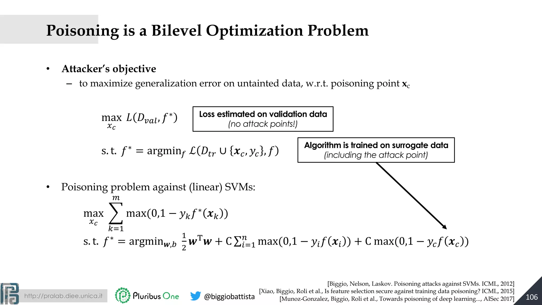 http://pralab.diee.unica.it @biggiobattista
Poisoning is a Bilevel Optimization Problem
• Attacker’s objective
– to maximize generalization error on untainted data, w.r.t. poisoning point xc
• Poisoning problem against (linear) SVMs:
Loss estimated on validation data
(no attack points!)
Algorithm is trained on surrogate data
(including the attack point)
[Biggio, Nelson, Laskov. Poisoning attacks against SVMs. ICML, 2012]
[Xiao, Biggio, Roli et al., Is feature selection secure against training data poisoning? ICML, 2015]
[Munoz-Gonzalez, Biggio, Roli et al., Towards poisoning of deep learning..., AISec 2017]
max
$%
& '()*, ,∗
s. t. ,∗
= argmin6 ℒ '89 ∪ ;<, =< , ,
max
$%
>
?@A
B
max(0,1 − =?,∗ ;? )
s. t. ,∗
= argminH,I
A
J
HK
H + C ∑O@A
P
max(0,1 − =O, ;O ) + C max(0,1 − =<, ;< )
106
 