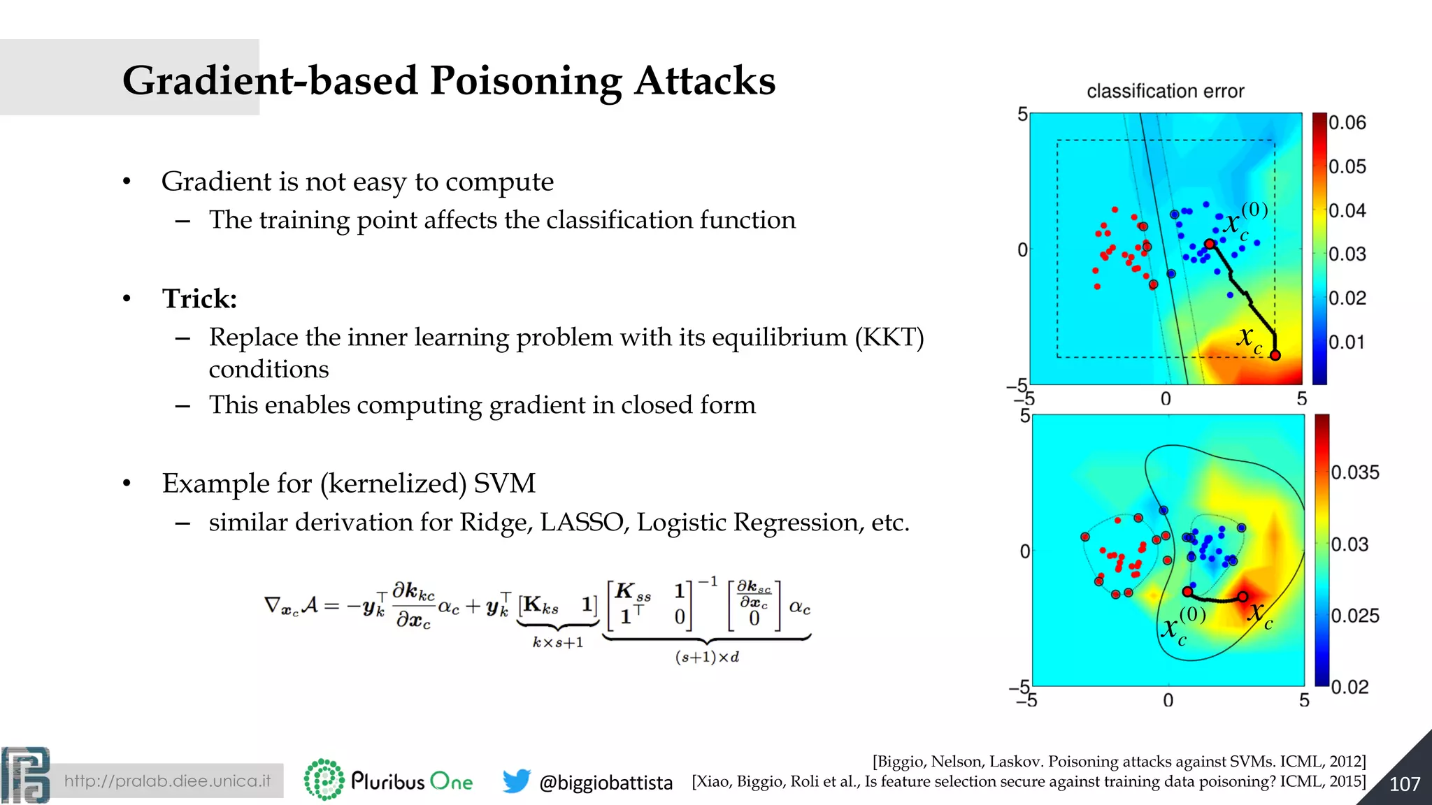 http://pralab.diee.unica.it @biggiobattista
xc
(0) xc
Gradient-based Poisoning Attacks
• Gradient is not easy to compute
– The training point affects the classification function
• Trick:
– Replace the inner learning problem with its equilibrium (KKT)
conditions
– This enables computing gradient in closed form
• Example for (kernelized) SVM
– similar derivation for Ridge, LASSO, Logistic Regression, etc.
107
xc
(0)
xc
[Biggio, Nelson, Laskov. Poisoning attacks against SVMs. ICML, 2012]
[Xiao, Biggio, Roli et al., Is feature selection secure against training data poisoning? ICML, 2015]
 