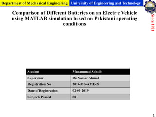 Comparison of Different Batteries on an Electric Vehicle
using MATLAB simulation based on Pakistani operating
conditions
1
Department of Mechanical Engineering University of Engineering and Technology
Student Muhammad Sohaib
Supervisor Dr. Nasser Ahmad
Registration No 2019-MS-AME-29
Date of Registration 02-09-2019
Subjects Passed 08
 