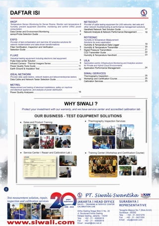 Tenggilis Mejoyo NO.7(BlokAII43)
Surabaya - 60292
Telp : +62 - 31 -8421278
Fax: +62 - 31 - 8421304
Email: sby@slwali.com
Artha Gading Niaga Blok C No. 20
JI. BoulevardArtha Gading
Kelapa Gading. Jakarta - 14240
Telp : +62 - 21 - 45850618
Fax: +62 - 21 - 45850619
Email: siwali@cbn.net.id
SURABAYA I
REPRESENTATIVE
JAKARTA I HEAD OFFICE
SALES - TRAINING &. SERVICE CENTER
CALIBRATION LAB
Nww.slwall.com
Test measurement solution, repair,
inspection and calibration services
• Training Center (Workshop and Certification Course)
. :;.~ -:.
• ~~ I
.~....:.~.~ ,
F~
1J~'~/~.r·.
• Thermography Inspection Services
• Service Center ( Repair and Calibration Lab)
:{KAN
• Sales and Product Training
OUR BUSINESS - TEST EQUIPMENT SOLUTIONS
Protect your investment with our warranty, and we have service center and accredited calibration lab
WHY SIWALI?
SIWALI SERVICES
Thermography Inspection 25
Workshop and Certification Course 25
Calibration Services 25
UILA
Application-centric Infrastructure Monitoring and Analytics solution
for Private and Hybrid Cloud Environments.
Application Performance Management 24
ROTRONIC
Humidity & Temperature Measurement.
Solutions for every application
Humidity & Temperature Data Logger 19
Humidity & Temperature Transmitter 20
Digital Pressure Transmitters 21
C02 Transmitter Guide 22
Humidity & Temperature Handheld 23
NETSCOUT
Provider of cable testing equipment for LAN networks, test sets and
other network troubleshooting & performance management solutions
Handheld Network Test Solution Guide 17
Network Analysis & Network Performance Management 18
METREL
Measurement and testing of electrical installations, safety on machine
and electrical appliance, and analysis of power distribution.
Power Quality Analysers 16
IDEAL NETWORK
Provider data cable testers, network testers and telecom/enterprise testers.
Data Cable and Network Tester Selection Guide 13
FLUKE
Industrial testing equipment including electronic test equipment.
Fluke Data center Solution 8
Infrared Camera - Thermal Imagers Series 9
Power Quality Tools Guide 11
Earth Ground & Insulation Test 12
EXFO
Provider of test orchestration and real-time 3D analytics solutions for
network modemization and data-driven transformations
Fiber Certification, Inspection and Verification 5
Selection Guide 7
AKCP
Temperature Sensor Monitoring for Server Rooms. Monitor rack temperature &
humidity, prevent equipment downtime, monitoring and control CRAC power
consumption.
Data Center and Environment Monitoring 3
sensorProbe Selection Guide............ 4
DAFTAR lSI
 