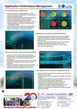 Tenggilis Mejoyo NO.7(BlokAII43)
Surabaya - 60292
Telp : +62 - 31 -8421278
Fax: +62 - 31 - 8421304
Email: sby@slwali.com
Artha Gading Niaga Blok C No. 20
JI. BoulevardArtha Gading
Kelapa Gading, Jakarta - 14240
Telp : +62 - 21 - 45850618
Fax: +62 - 21 - 45850619
Email: siwali@cbn.net.id
SURABAYA I
REPRESENTATIVE
JAKARTA I HEAD OFFICE
SALES - TRAINING &. SERVICE CENTER
CALIBRATION LAB
• Monitor Storage performance across multiple vendor's storage
arrays on a 24 x 7 basis.
• Simplify capacity planning procedures with insights into storage
hotspots.
• Visualize trending performance issues on Read/Write latencies
and lOPS across VMs, vDisk and Data Stores.
• Understand the problematic tiers within your storage
infrastructure and isolate any performance issues.
• Visualize how the overall storage infrastructure maps to
applications, particularly with multi-tier applications.
• Identify which applications are affected when there are storage
performance issues
Clear Bottlenecks and Weaknesses in Storage Performance
• Visualize how compute performance in the data center affects
application performance by measuring metrics such as CPU
swap wait, CPU Ready, Utilization and tie this to the Application
Response Time.
• Visualize performance of all memory arrays in your hosts with
respect to the infrastructure currently running in your
data center. Get up-to-date information on memory usage,
swap rate, swap wait times, etc.
Eliminate pain points within the Compute Infrastructure
Nww.slwall.com
Test measurement solution, repair,
inspection and calibration services
• Visualize how vAPP network traffic traverses across
physical devices, virtual entities & Application Services,
to pinpoint network hot spots impacting application
performance.
• Review Network Round Trip Time, Traffic Volume, Retries,
Packet Drops,Application Response Time for each
application.
• Top-down visualization approach from the Application or
Business Service to its correlated Infrastructure and
Network root cause for faster root cause resolution.
End-to-end, Real-time & Continuous Network Monitoring
• Align business and IT Operations goals in a single
product with application visibility and correlated network,
compute and storage insights
• Full stack visibility (Application Performance Monitoring,
Infrastructure Performance Monitoring, Network
Monitoring, Storage Monitoring) for virtualized
data centers reduces troubleshooting time from days to
minutes, enabling lean IT teams to get time back for
more strategic projects
• Identify blind spots in the infrastructure, and eliminate
finger pointing between infrastructure and application
teams with automated root cause and forensics.
Full Stack Monitoring in a Single Product
~.U1laApplication Performance Management
 