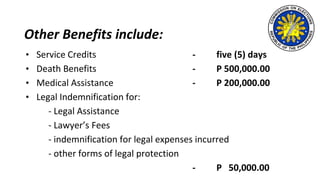 Other Benefits include:
• Service Credits - five (5) days
• Death Benefits - P 500,000.00
• Medical Assistance - P 200,000.00
• Legal Indemnification for:
- Legal Assistance
- Lawyer’s Fees
- indemnification for legal expenses incurred
- other forms of legal protection
- P 50,000.00
 