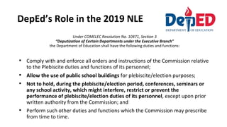 DepEd’s Role in the 2019 NLE
Under COMELEC Resolution No. 10471, Section 3
“Deputization of Certain Departments under the Executive Branch”
the Department of Education shall have the following duties and functions:
• Comply with and enforce all orders and instructions of the Commission relative
to the Plebiscite duties and functions of its personnel;
• Allow the use of public school buildings for plebiscite/election purposes;
• Not to hold, during the plebiscite/election period, conferences, seminars or
any school activity, which might interfere, restrict or prevent the
performance of plebiscite/election duties of its personnel, except upon prior
written authority from the Commission; and
• Perform such other duties and functions which the Commission may prescribe
from time to time.
 
