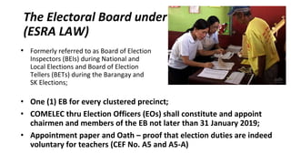 The Electoral Board under R.A. No. 10756
(ESRA LAW)
• One (1) EB for every clustered precinct;
• COMELEC thru Election Officers (EOs) shall constitute and appoint
chairmen and members of the EB not later than 31 January 2019;
• Appointment paper and Oath – proof that election duties are indeed
voluntary for teachers (CEF No. A5 and A5-A)
• Formerly referred to as Board of Election
Inspectors (BEIs) during National and
Local Elections and Board of Election
Tellers (BETs) during the Barangay and
SK Elections;
 