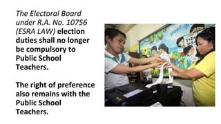The Electoral Board
under R.A. No. 10756
(ESRA LAW) election
duties shall no longer
be compulsory to
Public School
Teachers.
The right of preference
also remains with the
Public School
Teachers.
 