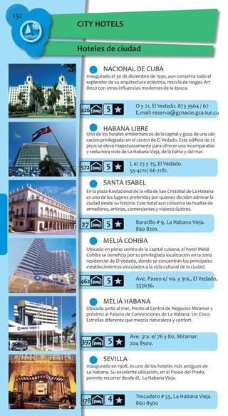132
4
CITY HOTELS
Hoteles de ciudad
NACIONAL DE CUBA
MELIÁ COHIBA
SANTA ISABEL
SEVILLA
HABANA LIBRE
MELIÁ HABANA
Trocadero # 55, La Habana Vieja.
860 8560
5
5
5
5
5
O y 21, El Vedado. 873 3564 / 67
E.mail: reserva@gcnacio.gca.tur.cu
Ave. Paseo e/ 1ra. y 3ra., El Vedado,
333636.
Baratillo # 9, La Habana Vieja.
860 8201.
L e/ 23 y 25, El Vedado.
55-4011/ 66-2181.
Ave. 3ra. e/ 76 y 80, Miramar.
204 8500.
178
397
462
27
572
426
Uno de los hoteles emblemáticos de la capital y goza de una ubi-
cación privilegiada: en el centro de El Vedado. Este edificio de 25
pisos se eleva majestuosamente para ofrecer una incomparable
y seductora vista de La Habana Vieja, de la bahía y del mar.
Ubicado en pleno centro de la capital cubana, el hotel Meliá
Cohíba se beneficia por su privilegiada localización en la zona
residencial de El Vedado, donde se concentran los principales
establecimientos vinculados a la vida cultural de la ciudad.
Inaugurado en 1908, es uno de los hoteles más antiguos de
La Habana. Su excelente ubicación, en el Paseo del Prado,
permite recorrer desde él, La Habana Vieja.
Inaugurado el 30 de diciembre de 1930, aun conserva todo el
esplendor de su arquitectura ecléctica, mezcla de rasgos Art
Deco con otras influencias modernas de la época.
En la plaza fundacional de la villa de San Cristóbal de La Habana
es uno de los lugares preferidos por quienes deciden admirar la
ciudad desde su historia. Este hotel aun conserva las huellas de
armadores, artistas, comerciantes y viajeros ilustres.
Ubicado junto al mar, frente al Centro de Negocios Miramar y
próximo al Palacio de Convenciones de La Habana. Un Cinco
Estrellas diferente que mezcla naturaleza y confort.
 