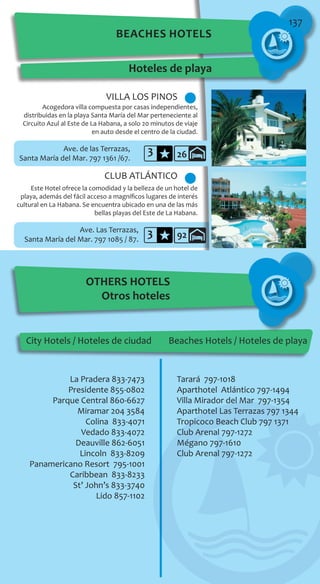 137
3
3
OTHERS HOTELS
Otros hoteles
City Hotels / Hoteles de ciudad Beaches Hotels / Hoteles de playa
La Pradera 833-7473
Presidente 855-0802
Parque Central 860-6627
Miramar 204 3584
Colina 833-4071
Vedado 833-4072
Deauville 862-6051
Lincoln 833-8209
Panamericano Resort 795-1001
Caribbean 833-8233
St’ John’s 833-3740
Lido 857-1102
Tarará 797-1018
Aparthotel Atlántico 797-1494
Villa Mirador del Mar 797-1354
Aparthotel Las Terrazas 797 1344
Tropicoco Beach Club 797 1371
Club Arenal 797-1272
Mégano 797-1610
Club Arenal 797-1272
VILLA LOS PINOS
CLUB ATLÁNTICO
Ave. de las Terrazas,
Santa María del Mar. 797 1361 /67.
Ave. Las Terrazas,
Santa María del Mar. 797 1085 / 87.
Beaches Hotels
Hoteles de playa
26
92
Este Hotel ofrece la comodidad y la belleza de un hotel de
playa, además del fácil acceso a magníficos lugares de interés
cultural en La Habana. Se encuentra ubicado en una de las más
bellas playas del Este de La Habana.
Acogedora villa compuesta por casas independientes,
distribuidas en la playa Santa María del Mar perteneciente al
Circuito Azul al Este de La Habana, a solo 20 minutos de viaje
en auto desde el centro de la ciudad.
 