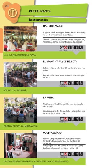 168
140 y 19, Rpto. Cubanacán, Playa.
12:00/23:00
5ta. Ave. y 30, MIRAMAR.
12:00/24:00
OBISPO y OFICIOS, LA HABANA VIEJA.
10:00/24:00
HOSTAL CONDE DE VILLANUEVA. MERCADERES # 202, LA HABANA VIEJA.
11:00/23:00
RANCHO PALCO
A typical ranch among exuberant forest, known by
its excellent traditional Cuban food.
Conuco típico rodeado de exuberante vegetación,
reconocido por su excelente cocina tradicional.
EL MANANTIAL (LE SELECT)
Cuban typical food with a different menu for every
season.
Comida típica cubana con una carta diferente por
estación.
LA MINA
First house of the Bishop of Havana. Spectacular
Creole food.
La primera casa del Obispo de La Habana. Con una
espectacular cocina criolla.
VUELTA ABAJO
Former 1712 palace of the Count of Villanueva
for the traditional cuisine of the XVIII and XIX
centuries.
Antiguo palacete del Conde de Villanueva (1712).
Cocina tradicional de los siglos XVIII y XIX.
Restaurantes
RESTAURANTS
 