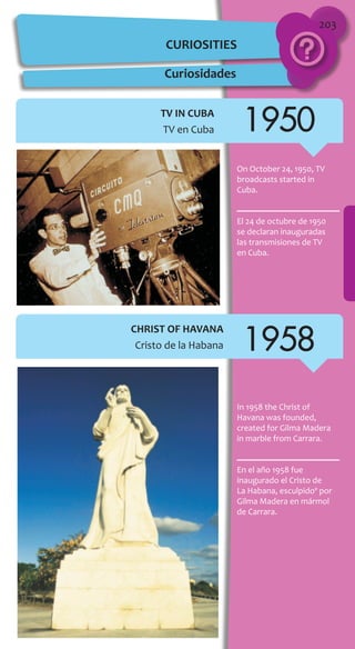 203
In 1958 the Christ of
Havana was founded,
created for Gilma Madera
in marble from Carrara.
En el año 1958 fue
inaugurado el Cristo de
La Habana, esculpidoº por
Gilma Madera en mármol
de Carrara.
On October 24, 1950, TV
broadcasts started in
Cuba.
El 24 de octubre de 1950
se declaran inauguradas
las transmisiones de TV
en Cuba.
CHRIST OF HAVANA
Cristo de la Habana
TV IN CUBA
TV en Cuba
CURIOSITIES
Curiosidades
1958
1950
 