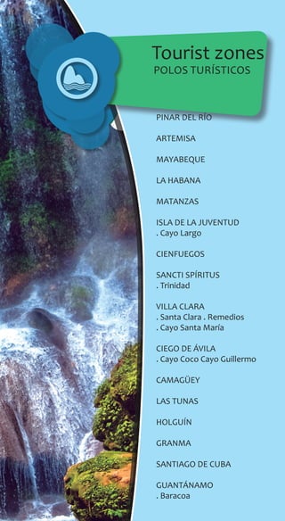 Tourist zones
Polos turísticos
PINAR DEL RÍO
ARTEMISA
MAYABEQUE
LA HABANA
MATANZAS
ISLA DE LA JUVENTUD
. Cayo Largo
CIENFUEGOS
SANCTI SPÍRITUS
. Trinidad
VILLA CLARA
. Santa Clara . Remedios
. Cayo Santa María
CIEGO DE ÁVILA
. Cayo Coco Cayo Guillermo
CAMAGÜEY
LAS TUNAS
HOLGUÍN
GRANMA
SANTIAGO DE CUBA
GUANTÁNAMO
. Baracoa
 