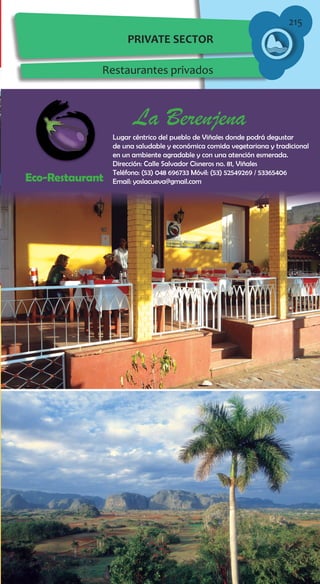 215
PRIVATE SECTOR
Restaurantes privados
Lugar céntrico del pueblo de Viñales donde podrá degustar
de una saludable y económica comida vegetariana y tradicional
en un ambiente agradable y con una atención esmerada.
Dirección: Calle Salvador Cisneros no. 81, Viñales
Teléfono: (53) 048 696733 Móvil: (53) 52549269 / 53365406
Email: yoslacueva@gmail.com
La Berenjena
Eco-Restaurant
 