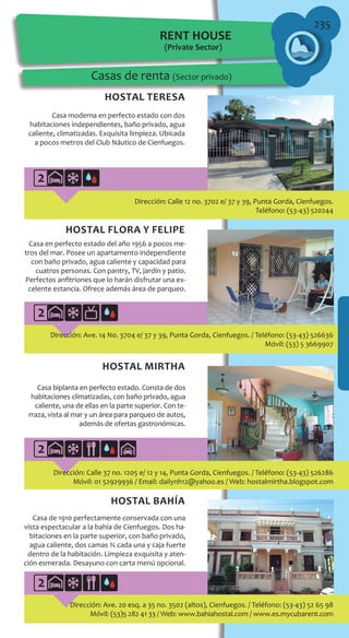235
Dirección: Calle 12 no. 3702 e/ 37 y 39, Punta Gorda, Cienfuegos.
Teléfono: (53-43) 520244
Dirección: Ave. 14 No. 3704 e/ 37 y 39, Punta Gorda, Cienfuegos. / Teléfono: (53-43) 526636
Móvil: (53) 5 3669907
Dirección: Calle 37 no. 1205 e/ 12 y 14, Punta Gorda, Cienfuegos. / Teléfono: (53-43) 526286
Móvil: 01 52929936 / Email: dailynh12@yahoo.es / Web: hostalmirtha.blogspot.com
Dirección: Ave. 20 esq. a 35 no. 3502 (altos), Cienfuegos. / Teléfono: (53-43) 52 65 98
Móvil: (53)5 282 41 33 / Web: www.bahiahostal.com / www.es.mycubarent.com
Hostal Teresa
Casa moderna en perfecto estado con dos
habitaciones independientes, baño privado, agua
caliente, climatizadas. Exquisita limpieza. Ubicada
a pocos metros del Club Náutico de Cienfuegos.
HOSTAL FLORA Y FELIPE
Casa en perfecto estado del año 1956 a pocos me-
tros del mar. Posee un apartamento independiente
con baño privado, agua caliente y capacidad para
cuatros personas. Con pantry, TV, jardín y patio.
Perfectos anfitriones que lo harán disfrutar una ex-
celente estancia. Ofrece además área de parqueo.
Hostal Mirtha
HOSTAL BAHÍA
Casa biplanta en perfecto estado. Consta de dos
habitaciones climatizadas, con baño privado, agua
caliente, una de ellas en la parte superior. Con te-
rraza, vista al mar y un área para parqueo de autos,
además de ofertas gastronómicas.
Casa de 1910 perfectamente conservada con una
vista espectacular a la bahía de Cienfuegos. Dos ha-
bitaciones en la parte superior, con baño privado,
agua caliente, dos camas ¾ cada una y caja fuerte
dentro de la habitación. Limpieza exquisita y aten-
ción esmerada. Desayuno con carta menú opcional.
RENT HOUSE
(Private Sector)
Casas de renta (Sector privado)
2
2
2
2
 