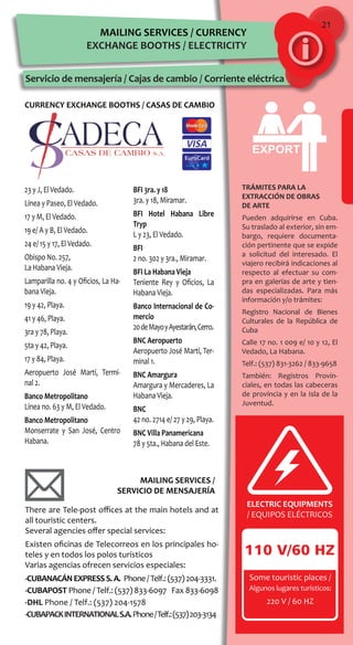 21
MAILING SERVICES / CURRENCY
EXCHANGE BOOTHS / ELECTRICITY
TRÁMITES PARA LA
EXTRACCIÓN DE OBRAS
DE ARTE
Pueden adquirirse en Cuba.
Su traslado al exterior, sin em-
bargo, requiere documenta-
ción pertinente que se expide
a solicitud del interesado. El
viajero recibirá indicaciones al
respecto al efectuar su com-
pra en galerías de arte y tien-
das especializadas. Para más
información y/o trámites:
Registro Nacional de Bienes
Culturales de la República de
Cuba
Calle 17 no. 1 009 e/ 10 y 12, El
Vedado, La Habana.
Telf.: (537) 831-3262 / 833-9658
También: Registros Provin-
ciales, en todas las cabeceras
de provincia y en la Isla de la
Juventud.
ELECTRIC EQUIPMENTS
/ EQUIPOS ELÉCTRICOS
Some touristic places /
Algunos lugares turísticos:
220 V / 60 HZ
Servicio de mensajería / Cajas de cambio / Corriente eléctrica
There are Tele-post offices at the main hotels and at
all touristic centers.
Several agencies offer special services:
Existen oficinas de Telecorreos en los principales ho-
teles y en todos los polos turísticos
Varias agencias ofrecen servicios especiales:
-CUBANACÁNEXPRESSS.A. Phone/Telf.:(537)204-3331.
-CUBAPOST Phone / Telf.: (537) 833-6097 Fax 833-6098
-DHL Phone / Telf.: (537) 204-1578
-CUBAPACKINTERNATIONALS.A.Phone/Telf.:(537)203-3134
MAILING SERVICES /
SERVICIO DE MENSAJERÍA
CURRENCY EXCHANGE BOOTHS / CASAS DE CAMBIO
23 y J, El Vedado.
Línea y Paseo, El Vedado.
17 y M, El Vedado.
19 e/ A y B, El Vedado.
24 e/ 15 y 17, El Vedado.
Obispo No. 257,
La Habana Vieja.
Lamparilla no. 4 y Oficios, La Ha-
bana Vieja.
19 y 42, Playa.
41 y 46, Playa.
3ra y 78, Playa.
5ta y 42, Playa.
17 y 84, Playa.
Aeropuerto José Martí, Termi-
nal 2.
Banco Metropolitano
Línea no. 63 y M, El Vedado.
Banco Metropolitano
Monserrate y San José, Centro
Habana.
BFI 3ra. y 18
3ra. y 18, Miramar.
BFI Hotel Habana Libre
Tryp
L y 23, El Vedado.
BFI
2 no. 302 y 3ra., Miramar.
BFI La Habana Vieja
Teniente Rey y Oficios, La
Habana Vieja.
Banco Internacional de Co-
mercio
20deMayoyAyestarán,Cerro.
BNC Aeropuerto
Aeropuerto José Martí, Ter-
minal 1.
BNC Amargura
Amargura y Mercaderes, La
Habana Vieja.
BNC
42 no. 2714 e/ 27 y 29, Playa.
BNC Villa Panamericana
78 y 5ta., Habana del Este.
 