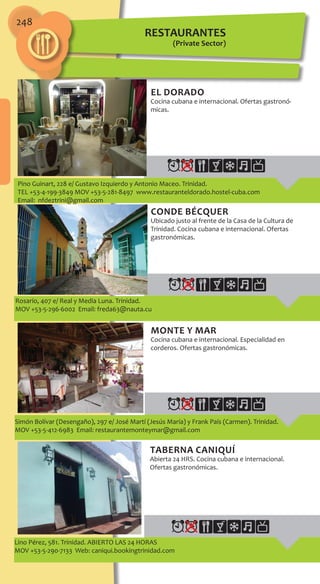 248
EL DORADO
Cocina cubana e internacional. Ofertas gastronó-
micas.
Pino Guinart, 228 e/ Gustavo Izquierdo y Antonio Maceo. Trinidad.
TEL +53-4-199-3849 MOV +53-5-281-8497 www.restauranteldorado.hostel-cuba.com
Email: nfdeztrini@gmail.com
CONDE BÉCQUER
Ubicado justo al frente de la Casa de la Cultura de
Trinidad. Cocina cubana e internacional. Ofertas
gastronómicas.
MONTE Y MAR
Cocina cubana e internacional. Especialidad en
corderos. Ofertas gastronómicas.
taberna caniquí
Abierta 24 HRS. Cocina cubana e internacional.
Ofertas gastronómicas.
Rosario, 407 e/ Real y Media Luna. Trinidad.
MOV +53-5-296-6002 Email: freda63@nauta.cu
Simón Bolívar (Desengaño), 297 e/ José Martí (Jesús María) y Frank País (Carmen). Trinidad.
MOV +53-5-412-6983 Email: restaurantemonteymar@gmail.com
Lino Pérez, 581. Trinidad. ABIERTO LAS 24 HORAS
MOV +53-5-290-7133 Web: caniqui.bookingtrinidad.com
RESTAURANTES
(Private Sector)
 