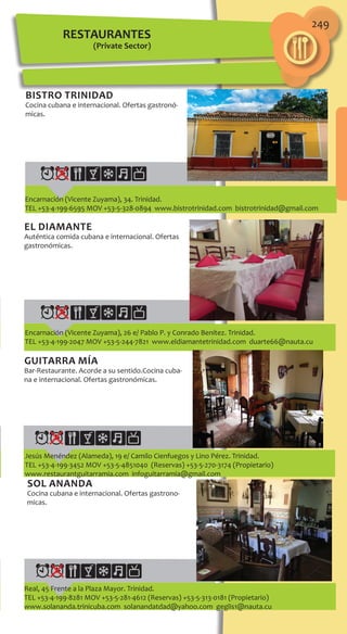 249
BISTRO TRINIDAD
Cocina cubana e internacional. Ofertas gastronó-
micas.
EL DIAMANTE
Auténtica comida cubana e internacional. Ofertas
gastronómicas.
GUITARRA MÍA
Bar-Restaurante. Acorde a su sentido.Cocina cuba-
na e internacional. Ofertas gastronómicas.
sol ananda
Cocina cubana e internacional. Ofertas gastrono-
micas.
Encarnación (Vicente Zuyama), 34. Trinidad.
TEL +53-4-199-6595 MOV +53-5-328-0894 www.bistrotrinidad.com bistrotrinidad@gmail.com
Encarnación (Vicente Zuyama), 26 e/ Pablo P. y Conrado Benítez. Trinidad.
TEL +53-4-199-2047 MOV +53-5-244-7821 www.eldiamantetrinidad.com duarte66@nauta.cu
Jesús Menéndez (Alameda), 19 e/ Camilo Cienfuegos y Lino Pérez. Trinidad.
TEL +53-4-199-3452 MOV +53-5-4851040 (Reservas) +53-5-270-3174 (Propietario)
www.restaurantguitarramia.com infoguitarramia@gmail.com
Real, 45 Frente a la Plaza Mayor. Trinidad.
TEL +53-4-199-8281 MOV +53-5-281-4612 (Reservas) +53-5-313-0181 (Propietario)
www.solananda.trinicuba.com solanandatdad@yahoo.com geglis1@nauta.cu
RESTAURANTES
(Private Sector)
 