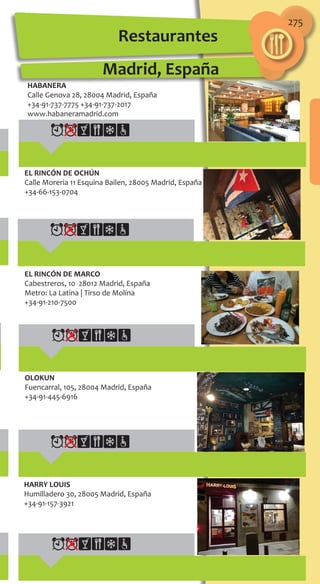 275
Restaurantes
Madrid, España
HABANERA
Calle Genova 28, 28004 Madrid, España
+34-91-737-7775 +34-91-737-2017
www.habaneramadrid.com
EL RINCÓN DE OCHÚN
Calle Moreria 11 Esquina Bailen, 28005 Madrid, España
+34-66-153-0704
EL RINCÓN DE MARCO
Cabestreros, 10 28012 Madrid, España
Metro: La Latina | Tirso de Molina
+34-91-210-7500
OLOKUN
Fuencarral, 105, 28004 Madrid, España
+34-91-445-6916
HARRY LOUIS
Humilladero 30, 28005 Madrid, España
+34-91-157-3921
 