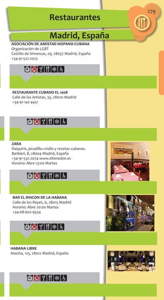 279
Restaurantes
Madrid, España
ASOCIACIÓN DE AMISTAD HISPANO-CUBANA
Organización de LGBT
Castillo de Simancas, 29, 28037 Madrid, España
+34-91-522-2025
RESTAURANTE CUBANO EL 1008
Calle de los Artistas, 33, 28020 Madrid
+34-91-142-4451
ZARA
Daiquirís, picadillo criollo y recetas cubanas.
Barbieri, 8, 28004 Madrid, España
+34-91-532-2074 www.eltenedor.es
Horario: Abre 13:00 Martes
BAR EL RINCON DE LA HABANA
Calle de los Reyes, 6, 28015 Madrid
Horario: Abre 20:00 Martes
+34-68-602-9554
HABANA LIBRE
Atocha, 125, 28012 Madrid, España
 