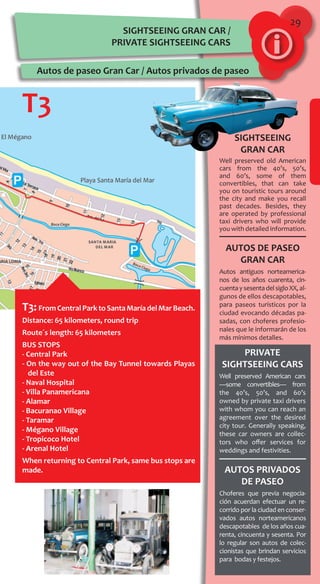 29
T3:FromCentralParktoSantaMaríadelMarBeach.
Distance: 65 kilometers, round trip
Route´s length: 65 kilometers
BUS STOPS
- Central Park
- On the way out of the Bay Tunnel towards Playas
del Este
- Naval Hospital
- Villa Panamericana
- Alamar
- Bacuranao Village
- Taramar
- Mégano Village
- Tropicoco Hotel
- Arenal Hotel
When returning to Central Park, same bus stops are
made.
Autos de paseo Gran Car / Autos privados de paseo
SIGHTSEEING
GRAN CAR
Well preserved old American
cars from the 40’s, 50’s,
and 60’s, some of them
convertibles, that can take
you on touristic tours around
the city and make you recall
past decades. Besides, they
are operated by professional
taxi drivers who will provide
you with detailed information.
AUTOS DE PASEO
GRAN CAR
Autos antiguos norteamerica-
nos de los años cuarenta, cin-
cuentaysesentadelsigloXX, al-
gunos de ellos descapotables,
para paseos turísticos por la
ciudad evocando décadas pa-
sadas, con choferes profesio-
nales que le informarán de los
más mínimos detalles.
SIGHTSEEING GRAN CAR /
PRIVATE SIGHTSEEING CARS
T3
PRIVATE
SIGHTSEEING CARS
Well preserved American cars
—some convertibles— from
the 40’s, 50’s, and 60’s
owned by private taxi drivers
with whom you can reach an
agreement over the desired
city tour. Generally speaking,
these car owners are collec-
tors who offer services for
weddings and festivities.
AUTOS PRIVADOS
DE PASEO
Choferes que previa negocia-
ción acuerdan efectuar un re-
corrido por la ciudad en conser-
vados autos norteamericanos
descapotables de los años cua-
renta, cincuenta y sesenta. Por
lo regular son autos de colec-
cionistas que brindan servicios
para bodas y festejos.
 