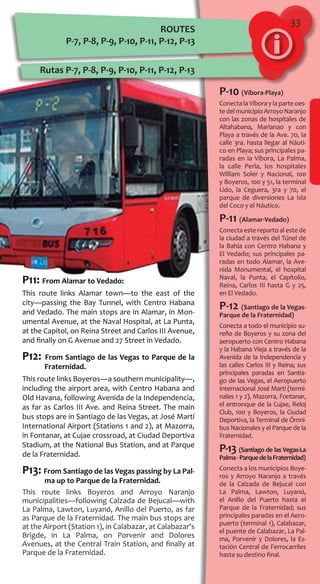 33
Rutas P-7, P-8, P-9, P-10, P-11, P-12, P-13
ROUTES
P-7, P-8, P-9, P-10, P-11, P-12, P-13
P-10 (Víbora-Playa)
Conecta la Víbora y la parte oes-
tedelmunicipioArroyoNaranjo
con las zonas de hospitales de
Altahabana, Marianao y con
Playa a través de la Ave. 70, la
calle 3ra. hasta llegar al Náuti-
co en Playa; sus principales pa-
radas en la Víbora, La Palma,
la calle Perla, los hospitales
William Soler y Nacional, 100
y Boyeros, 100 y 51, la terminal
Lido, la Ceguera, 3ra y 70, el
parque de diversiones La Isla
del Coco y el Náutico.
P-11 (Alamar-Vedado)
Conecta este reparto al este de
la ciudad a través del Túnel de
la Bahía con Centro Habana y
El Vedado; sus principales pa-
radas en todo Alamar, la Ave-
nida Monumental, el hospital
Naval, la Punta, el Capitolio,
Reina, Carlos III hasta G y 25,
en El Vedado.
P-12 (Santiago de la Vegas-
Parque de la Fraternidad)
Conecta a todo el municipio su-
reño de Boyeros y su zona del
aeropuerto con Centro Habana
y la Habana Vieja a través de la
Avenida de la Independencia y
las calles Carlos III y Reina; sus
principales paradas en Santia-
go de las Vegas, el Aeropuerto
Internacional José Martí (termi-
nales 1 y 2), Mazorra, Fontanar,
el entronque de la Cujae, Reloj
Club, 100 y Boyeros, la Ciudad
Deportiva, la Terminal de Ómni-
bus Nacionales y el Parque de la
Fraternidad.
P-13 (Santiago de las Vegas-La
Palma-ParquedelaFraternidad)
Conecta a los municipios Boye-
ros y Arroyo Naranjo a través
de la Calzada de Bejucal con
La Palma, Lawton, Luyanó,
el Anillo del Puerto hasta el
Parque de la Fraternidad; sus
principales paradas en el Aero-
puerto (terminal 1), Calabazar,
el puente de Calabazar, La Pal-
ma, Porvenir y Dolores, la Es-
tación Central de Ferrocarriles
hasta su destino final.
P11: From Alamar to Vedado:
This route links Alamar town—to the east of the
city—passing the Bay Tunnel, with Centro Habana
and Vedado. The main stops are in Alamar, in Mon-
umental Avenue, at the Naval Hospital, at La Punta,
at the Capitol, on Reina Street and Carlos III Avenue,
and finally on G Avenue and 27 Street in Vedado.
P12: From Santiago de las Vegas to Parque de la
Fraternidad.
This route links Boyeros—a southern municipality—,
including the airport area, with Centro Habana and
Old Havana, following Avenida de la Independencia,
as far as Carlos III Ave. and Reina Street. The main
bus stops are in Santiago de las Vegas, at José Martí
International Airport (Stations 1 and 2), at Mazorra,
in Fontanar, at Cujae crossroad, at Ciudad Deportiva
Stadium, at the National Bus Station, and at Parque
de la Fraternidad.
P13: From Santiago de las Vegas passing by La Pal-
ma up to Parque de la Fraternidad.
This route links Boyeros and Arroyo Naranjo
municipalities—following Calzada de Bejucal—with
La Palma, Lawton, Luyanó, Anillo del Puerto, as far
as Parque de la Fraternidad. The main bus stops are
at the Airport (Station 1), in Calabazar, at Calabazar’s
Brigde, in La Palma, on Porvenir and Dolores
Avenues, at the Central Train Station, and finally at
Parque de la Fraternidad.
 