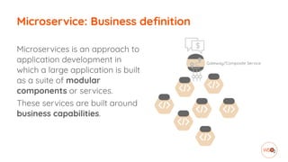 Microservice: Business definition
Microservices is an approach to
application development in
which a large application is built
as a suite of modular
components or services.
These services are built around
business capabilities.
 
