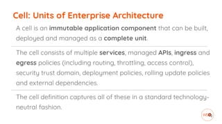 Cell: Units of Enterprise Architecture
A cell is an immutable application component that can be built,
deployed and managed as a complete unit.
The cell consists of multiple services, managed APIs, ingress and
egress policies (including routing, throttling, access control),
security trust domain, deployment policies, rolling update policies
and external dependencies.
The cell deﬁnition captures all of these in a standard technology-
neutral fashion.
 