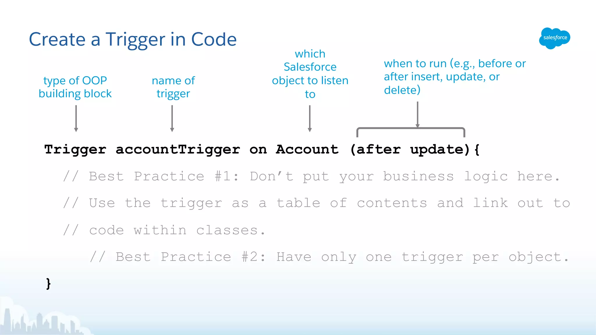 Create a Trigger in Code
Trigger accountTrigger on Account (after update){
// Best Practice #1: Don’t put your business logic here.
// Use the trigger as a table of contents and link out to
// code within classes.
// Best Practice #2: Have only one trigger per object.
}
name of
trigger
which
Salesforce
object to listen
to
when to run (e.g., before or
after insert, update, or
delete)
type of OOP
building block
 
