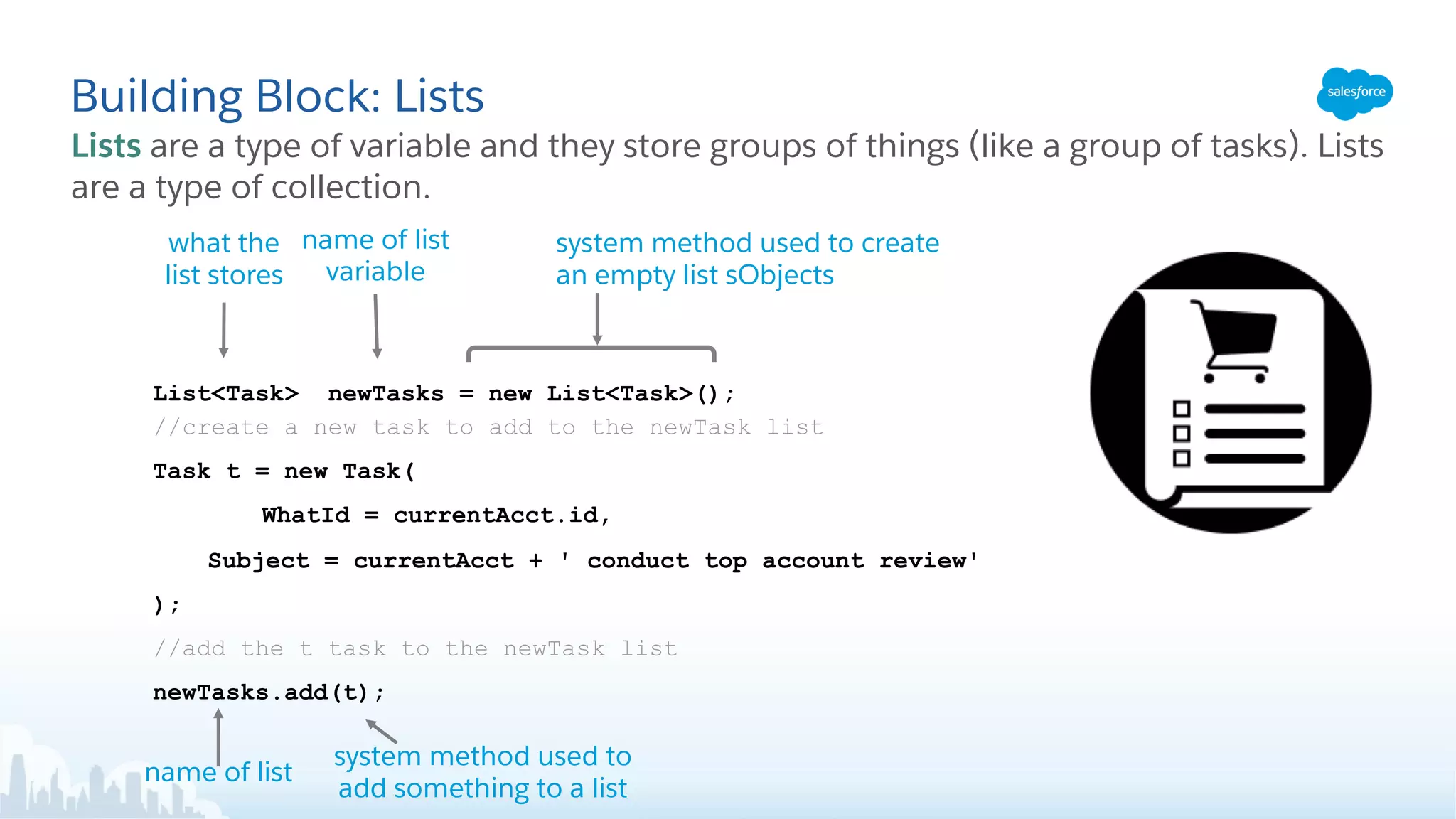 Building Block: Lists
name of list
what the
list stores
system method used to create
an empty list sObjects
List<Task> newTasks = new List<Task>();
//create a new task to add to the newTask list
Task t = new Task(
WhatId = currentAcct.id,
Subject = currentAcct + ' conduct top account review'
);
//add the t task to the newTask list
newTasks.add(t);
name of list
variable
Lists are a type of variable and they store groups of things (like a group of tasks). Lists
are a type of collection.
system method used to
add something to a list
 
