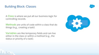 Building Block: Classes
A Class is where we put all our business logic for
controlling records.
Methods are units of code within a class that do
things (e.g., creating a task).
Variables are like temporary fields and can live
either in the class or within a method (e.g., the
status or priority of a task).
 