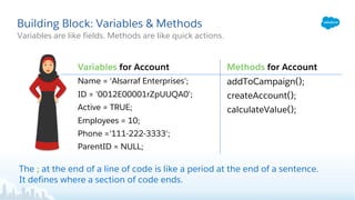 Building Block: Variables & Methods
Variables are like fields. Methods are like quick actions.
Variables for Account Methods for Account
Name = 'Alsarraf Enterprises';
ID = '0012E00001rZpUUQA0';
Active = TRUE;
Employees = 10;
Phone ='111-222-3333';
ParentID = NULL;
addToCampaign();
createAccount();
calculateValue();
The ; at the end of a line of code is like a period at the end of a sentence.
It defines where a section of code ends.
 