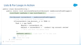 Lists & For Loops in Action
public class AccountUtility {
public static void calculateValue(List<Account> newAccountsFromTrigger){
List<Task> newTasks = new List<Task>(); //create a List
for(Account currentAcct : newAccountsFromTrigger){
//loop over accounts from trigger
if(currentAcct.top_Account__c == TRUE ){
Task t = new Task(
WhatId = currentAcct.id,
Subject = currentAcct + ' conduct top account review'
// we’d add more variables here
);
newTasks.add(t); //add task ‘t’ to the list
} //end if
} //end for loop
} //end method
} //end class
 