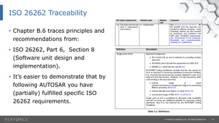 22© Perforce Software Inc. All Rights Reserved.
• Chapter B.6 traces principles and
recommendations from:
• ISO 26262, Part 6, Section 8
(Software unit design and
implementation).
• It’s easier to demonstrate that by
following AUTOSAR you have
(partially) fulfilled specific ISO
26262 requirements.
ISO 26262 Traceability
 
