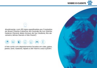 IIDENTIDADE VISUALIIDENTIDADE VISUAL
A Petz conta com departamentos focados em cães, gatos,
peixes, aves, roedores, répteis e até mesmo casa e jardim.
Atualmente, com 85 lojas espalhadas por 9 estados
do Brasil (Santa Catarina, Rio Grande do Sul, Distrito
Federal, Paraná, Mato Grosso do Sul, Goiânia, Rio de
Janeiro, Minas Gerais e São Paulo).
SOBRE O CLIENTE 12
 