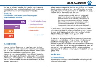 MACROAMBIENTE
Gráﬁco 5:
Locais mais procurados para informações
referentes aos animais
No que se refere a escolha dos clientes na compra de
mercadorias para seus pets, os locais mais procurados
para informações referentes aos animais são:
Fonte: Qualibest/2017
5.3 ECONOMICO
Indo na contramão do que se espera em um período
tão complicado para a economia brasileira, o mercado
pet é um dos segmentos que praticamente passou ileso
a essa crise, se mantendo sempre em alta.
De acordo com dados colhidos pela Abinpet (Associa-
ção Brasileira da Indústria de Produtos para Animais de
Estimação) em relação ao ano de 2016, o mercado pet
faturou um total de R$ 18,9 bilhões, crescimento de 4,9%
sobre o ano anterior.
“Mesmo crescendo mais devagar, o mercado
de animais de estimação representa 0,38% do
produto interno bruto (PIB) e já é maior do que
a linha branca de geladeira e fogão”, diz José
Edson Galvão de França, presidente executivo
da Associação Brasileira da Indústria de
Produtos para Animais de Estimação (Abinpet).
O Brasil fecha 2018 na segunda posição de maior mer-
cado pet do mundo, ﬁcando atrás somente dos Estados
Unidos. No ano passado, o setor movimentou mais de
R$ 20 bilhões, com 9,8% a mais que em 2017.
O aumento no faturamento foi protagonizado por gran-
des redes como Cobasi e Petz, embora 44% dessas ven-
das foram feitas por pequenos e médios pet shops.
As indicações da Euromonitor é que esse ramo deve con-
tinuar crescendo acima de muitas categorias de bens de
consumo. É estimado que em 2019 o faturamento seja
acima de R$ 22 bilhões, com um aumento de 6,9% em rela-
ção a 2018.
5.4 NATURAL
Sustentabilidade
A preocupação com a sustentabilidade também já che-
gou ao mercado pet.
61 %
47 %
32 %
32 %
Veterinário de Conﬁança
Sites Especializados
Amigos ou Familiares
Redes Sociais
Ainda segundo dados da Abinpet, em 2017, os fabricantes
de alimentos, medicamentos e acessórios para o merca-
do pet tiveram um faturamento de R$ 20,37 bilhões, o equi-
valente a 6,9% a mais do que em 2016.
24
 