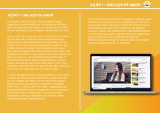 AÇÃO 1 - UM LAÇO DE AMOR
AÇÃO 1 - UM LAÇO DE AMOR
A primeira ação da Fase 1 da campanha será
regada de sentimentalismo: contaremos histórias
reais de pessoas que tiveram a ajuda de seu bichi-
nho de estimação para superar obstáculos da vida.
Para a ação Um Laço de Amor, narraremos as histó-
rias de Marcela e Daniel, casal heterosexual que
descobriu a impossibilidade de engravidar; de Fer-
nanda, uma homossexual que não é aceita no seu
âmbito social e familiar; e de Isabela, uma jovem
que sofre de depressão. São pessoas diferentes, com
problemas distintos, mas que encontraram apoio em
algo em comum: seus bichinhos de estimação. O
intuito é demonstrar quão importante é o vínculo
afetivo dos donos para com seus pets e, com isso,
enfatizar o fato de que se o pet faz tão bem para seu
dono, por que não oferecer o melhor a ele?
O vídeo de depoimentos será gravado em um único
cenário, simulando uma entrevista e serão veicula-
dos na íntegra em redes sociais de forma paga e
orgânica, como Facebook, Instagram e Youtube
entre 15/01 e 15/02, além de serem adaptados em
peças publicitárias para atingirmos uma comunica-
ção ainda maior, instigando a curiosidade dos
receptores para que assistam ao vídeo e sejam
impactados pelos depoimentos.
O conteúdo audiovisual será captado e editado pela
produtora Elca Filmes, com a participação dos pro-
tagonistas, além da social media Fernanda Sousa e
da redatora Isabela Lima, membros da Agência
Suscitar. Aliado aos proﬁssionais competentes para
a realização da ação e agregando seus respectivos
valores, teremos um investimento total de
R$9.000,00 para atingir a meta de 600 mil visualiza-
ções no vídeo postado no Youtube
44
 