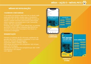 MÍDIA - AÇÃO 3 - MÓVEL PETZ
MÍDIAS DE DIVULGAÇÃO
FACEBOOK E INSTAGRAM
O resultado da Pesquisa Mercado Pet no Brasil, reali-
zada pela Mind Miners, revelou que o Facebook e
Instagram são um dos canais principais em que os
donos e tutores recorrem para buscar informação
sobre cuidados e produtos para o pet (somando
juntos, 44% das menções).
Portanto, para divulgar a ação Móvel Petz, no período
de 02/05 a 26/07 serão investidos R$6.000,00 em
anúncio nos formatos Carrossel e Foto Storie no
Facebook e Instagram.
SEGMENTAÇÃO
Homens e mulheres de 18 a 44 anos, residentes da
grande São Paulo (cidade e arredores) e com inte-
resse em “Animais de Estimação”.
Orçamento diário (média): R$17,51
Estimativas de alcance da campanha: 942 mil pes-
soas e 18 mil cliques
Estimativas de alcance da campanha por dia: 11.349
mil pessoas e 216 cliques.
CPC: R$0,33
FORMATO:
STORIE
FORMATO:
CARROSSEL
56
 