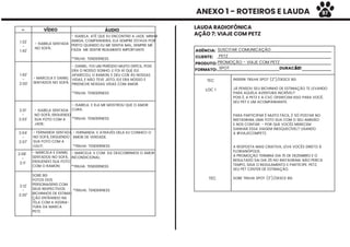 ANEXO 1 - ROTEIROS E LAUDA
’’ VÍDEO ÁUDIO
- ISABELA: ATÉ QUE EU ENCONTREI A JADE. MINHA
AMIGA, COMPANHEIRA, ELA SEMPRE ESTAVA POR
PERTO QUANDO EU ME SENTIA MAL, SEMPRE ME
FAZIA ME SENTIR REALMENTE IMPORTANTE
*TRILHA: TENDERNESS
- DANIEL: FOI UM PERÍODO MUITO DIFÍCIL, POIS
ERA O NOSSO SONHO. E FOI AÍ QUE ELE
APARECEU, O RAMON, E DEU COR ÀS NOSSAS
VIDAS, E NÃO TEVE JEITO, ELE ERA NOSSO E
PREENCHE NOSSAS VIDAS COM AMOR.
*TRILHA: TENDERNESS
- ISABELA: E ELA ME MOSTROU QUE O AMOR
CURA.
*TRILHA: TENDERNESS
1:32’
-
1:42’
1:42’
-
2:00’
2:01’
-
2:03’
2:04’
-
2:07’
2:08’
-
2:11’
2:12’
-
2:20’’
- MARCELA E DANIEL
SENTADOS NO SOFÁ;
- ISABELA SENTADA
NO SOFÁ;
- MARCELA E DANIEL
SENTADOS NO SOFÁ,
ERGUENDO SUA FOTO
COM O RAMON;
- ISABELA SENTADA
NO SOFÁ, ERGUENDO
SUA FOTO COM A
JADE;
SOBE BG
FOTOS DOS
PERSONAGENS COM
SEUS RESPECTIVOS
BICHINHOS DE ESTIMA-
ÇÃO ENTRANDO NA
TELA COM A ASSINA-
TURA DA MARCA
PETZ.
- FERNANDA: E ATRAVÉS DELA EU CONHECI O
AMOR DE VERDADE.
*TRILHA: TENDERNESS
- MARCELA: E COM ELE DESCOBRIMOS O AMOR
INCONDICIONAL;
*TRILHA: TENDERNESS
*TRILHA: TENDERNESS
- FERNANDA SENTADA
NO SOFÁ, ERGUENDO
SUA FOTO COM A
LULLY;
LAUDA RADIOFÔNICA
AÇÃO 7: VIAJE COM PETZ
30”
AGÊNCIA:
CLIENTE:
INSERIR TRILHA SPOT (2’’)/DESCE BG
JÁ PENSOU SEU BICHINHO DE ESTIMAÇÃO TE LEVANDO
PARA AQUELA AVENTURA INCRÍVEL?
POIS É, A PETZ E A CVC OFERECEM ISSO PARA VOCÊ,
SEU PET E UM ACOMPANHANTE.
PARA PARTICIPAR É MUITO FÁCIL, É SÓ POSTAR NO
INSTAGRAM, UMA FOTO SUA COM O SEU AMIGÃO
E NOS CONTAR: - POR QUE VOCÊS MERECEM
GANHAR ESSA VIAGEM INESQUECÍVEL? USANDO
A #VIAJECOMPETZ.
A RESPOSTA MAIS CRIATIVA, LEVA VOCÊS DIRETO À
FLORIANÓPOLIS.
A PROMOÇÃO TERMINA DIA 15 DE DEZEMBRO E O
RESULTADO SAI DIA 25 NO INSTAGRAM. NÃO PERCA
TEMPO, SIGA O REGULAMENTO E PARTICIPE. PETZ,
SEU PET CENTER DE ESTIMAÇÃO.
SOBE TRILHA SPOT (3’’)/DESCE BG
TEC
TEC
LOC 1
PRODUTO:
FORMATO:
SUSCITAR COMUNICAÇÃO
PETZ
PROMOÇÃO - VIAJE COM PETZ
SPOT DURAÇÃO:
97
 