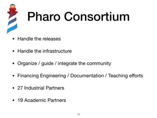 Pharo Consortium
• Handle the releases

• Handle the infrastructure

• Organize / guide / integrate the community

• Financing Engineering / Documentation / Teaching eﬀorts

• 27 Industrial Partners 

• 19 Academic Partners
!10
 