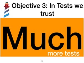 !19
Muchmore tests
Muchmore tests
Objective 3: In Tests we
trust
 