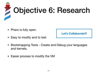 Objective 6: Research
• Pharo is fully open.

• Easy to modify and to test

• Bootstrapping Tools - Create and Debug your languages
and kernels. 

• Easier process to modify the VM
!25
Let’s Collaborate!!!
 