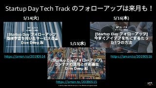 © 2019, Amazon Web Services, Inc. or its affiliates. All rights reserved.
Startup Day Tech Track
5/14( )
https://amzn.to/20190514
5/16( )
https://amzn.to/20190516
https://amzn.to/20190515
5/15( )
 