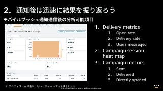 © 2019, Amazon Web Services, Inc. or its affiliates. All rights reserved.
2.
1. Delivery metrics
1. Open rate
2. Delivery rate
3. Users messaged
2. Campaign session
heat map
3. Campaign metrics
1. Sent
2. Delivered
3. Directly opened
4.
 