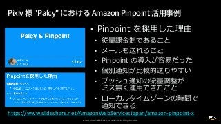 © 2019, Amazon Web Services, Inc. or its affiliates. All rights reserved.
• P
•
•
•
•
•
P
•
https://www.slideshare.net/AmazonWebServicesJapan/amazon-pinpoint-x
 