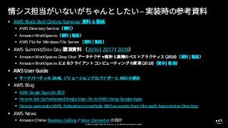 © 2019, Amazon Web Services, Inc. or its affiliates. All rights reserved.
§ AWS Black Belt Online Seminar
§ AWS Directory Service
§ Amazon WorkSpaces
§ AWS FSx for Windows File Server
§ AWS Summit/Dev Day 2016 | 2017 | 2018
§ Amazon WorkSpaces Deep Dive
§ Amazon WorkSpaces
§
§
§ AWS Blog
§ AWS Single Sign-On
§ How to Set Up Federated Single Sign-On to AWS Using Google Apps
§ How to automate SAML federation to multiple AWS accounts from Microsoft Azure Active Directory
§ AWS News
§ Amazon Chime Business Calling / Voice Connector
 